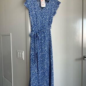 Blue and White Printed Dress, High side slit dress